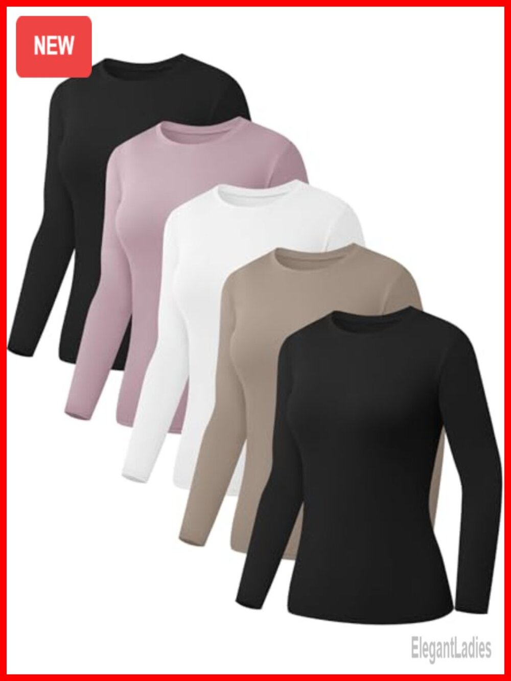 5 Pack Womens Long Sleeve Crew Neck Slim Fit T Shirts Basic Layering Tops